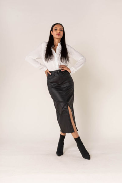BP LONG DENIM SLIT SKIRT COATED