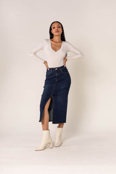 BP LONG DENIM SLIT SKIRT BLUE